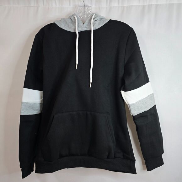 Finwanlo Hoodie Women's Small Drawstring Black White Gray Stripe NWT - Picture 1 of 6